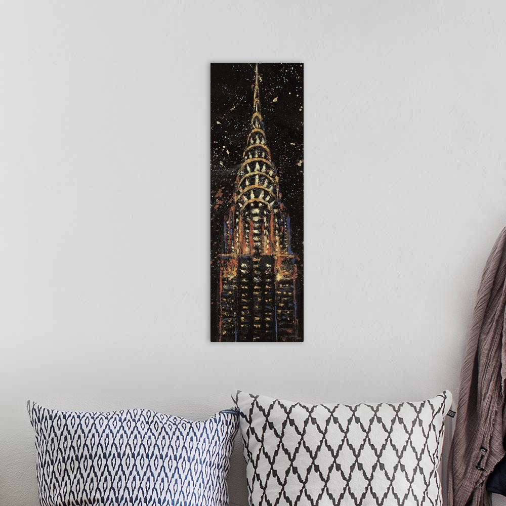 A bohemian room featuring Contemporary painting of the Chrysler Building, with splatters of bright paint added for a moving...