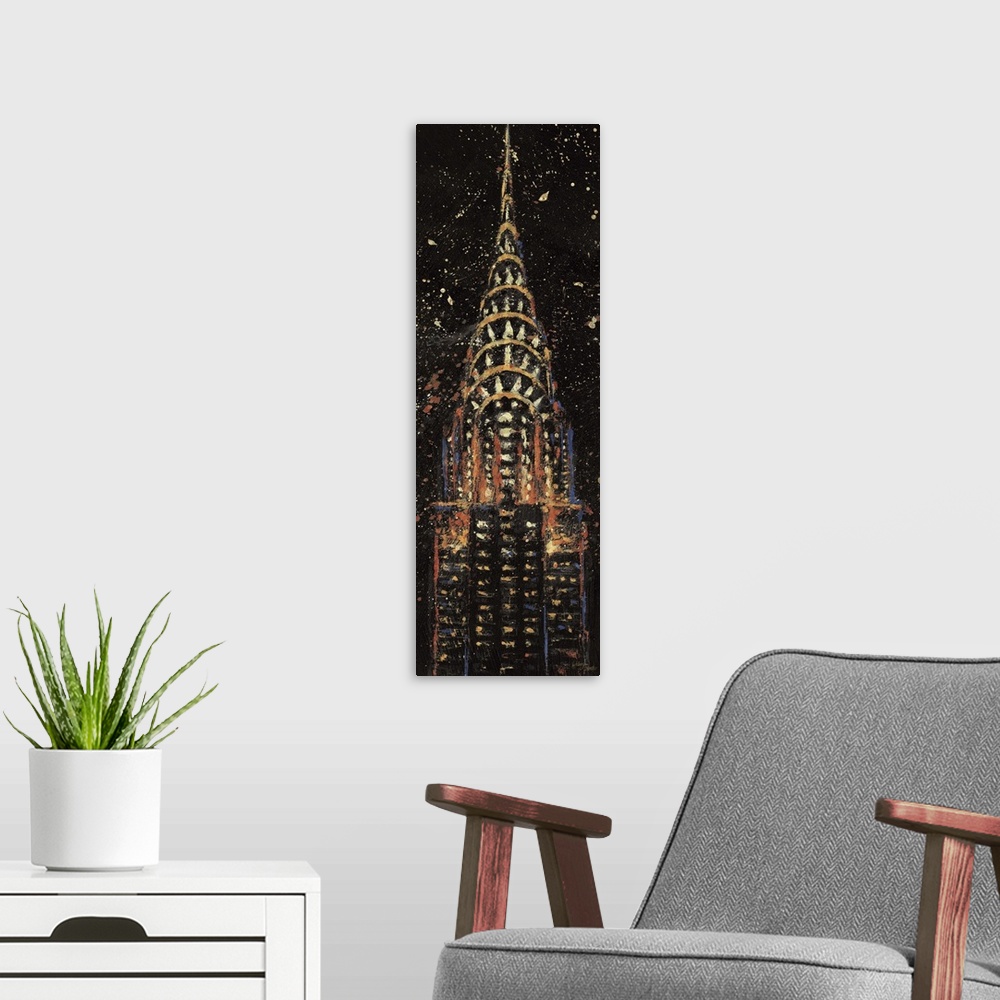 A modern room featuring Contemporary painting of the Chrysler Building, with splatters of bright paint added for a moving...
