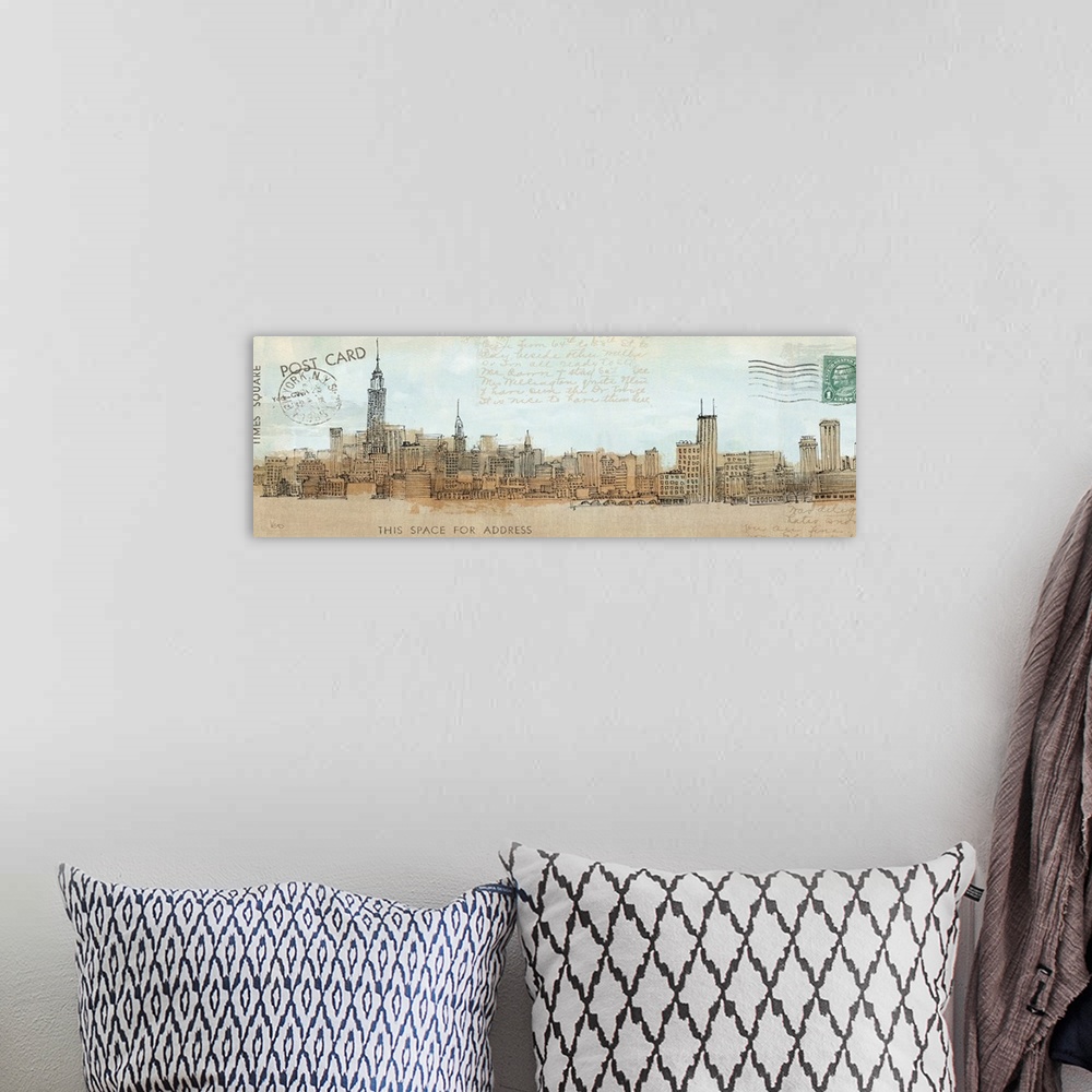 A bohemian room featuring A philately inspired illustration of the NYC skyline with stamps and a hand written note on a pan...