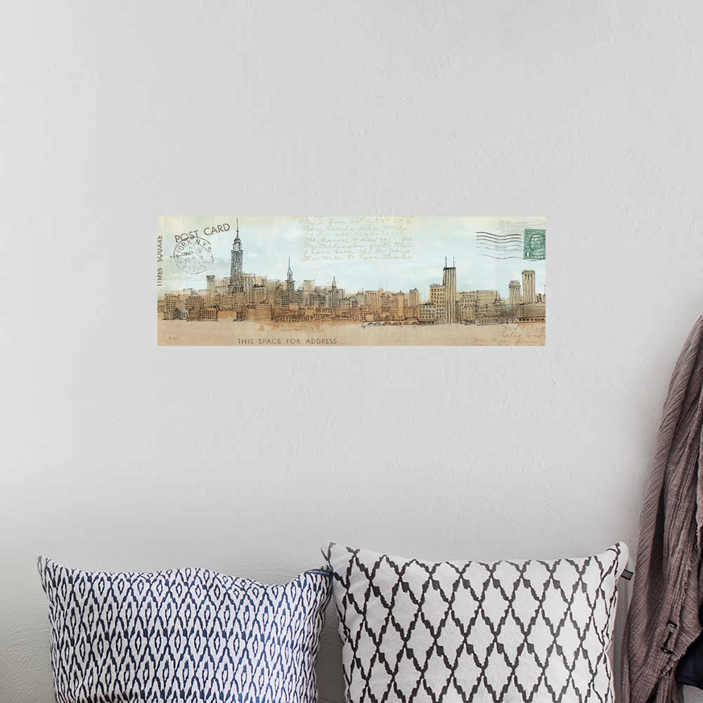 A bohemian room featuring A philately inspired illustration of the NYC skyline with stamps and a hand written note on a pan...