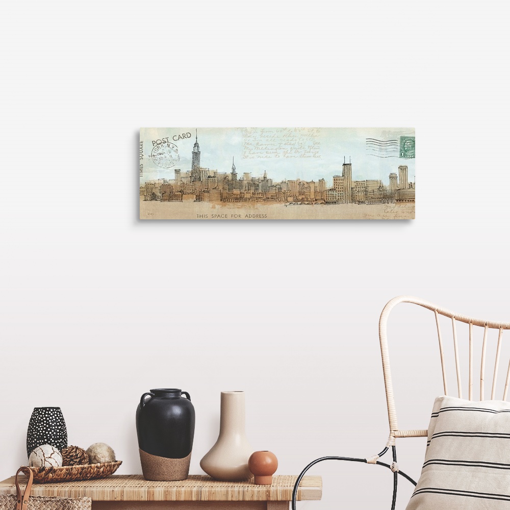 A farmhouse room featuring A philately inspired illustration of the NYC skyline with stamps and a hand written note on a pan...