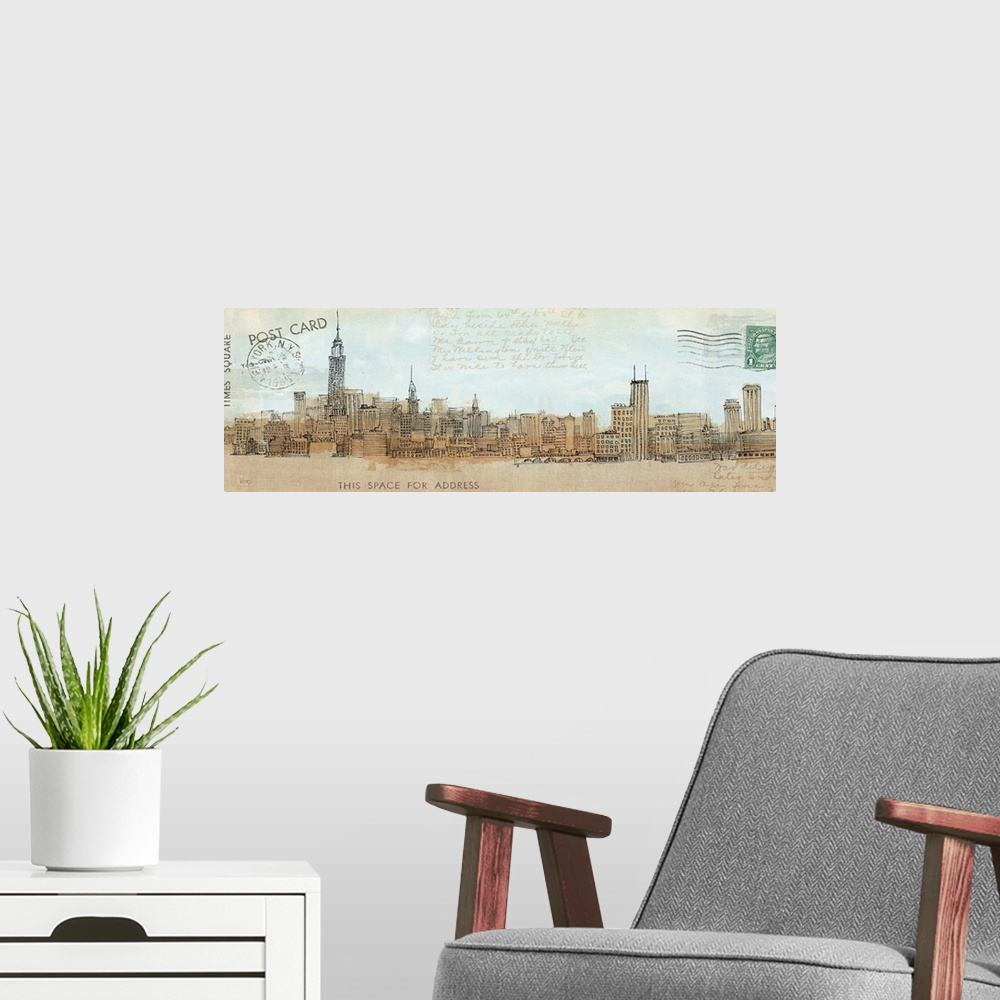 A modern room featuring A philately inspired illustration of the NYC skyline with stamps and a hand written note on a pan...