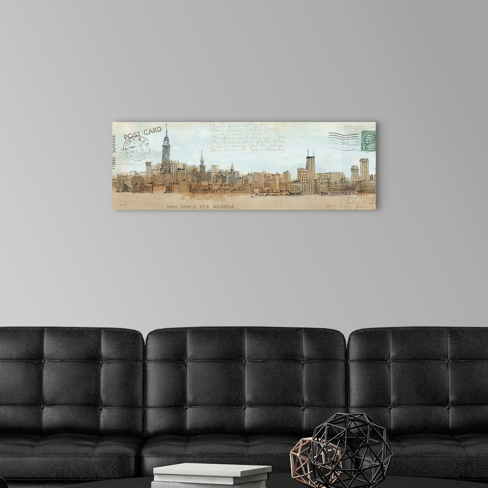 A modern room featuring A philately inspired illustration of the NYC skyline with stamps and a hand written note on a pan...