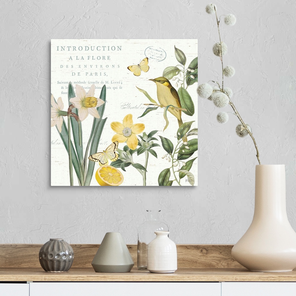 A farmhouse room featuring Square decor in white, yellow, and green with illustrations of a bird, lemon, butterflies, and fl...