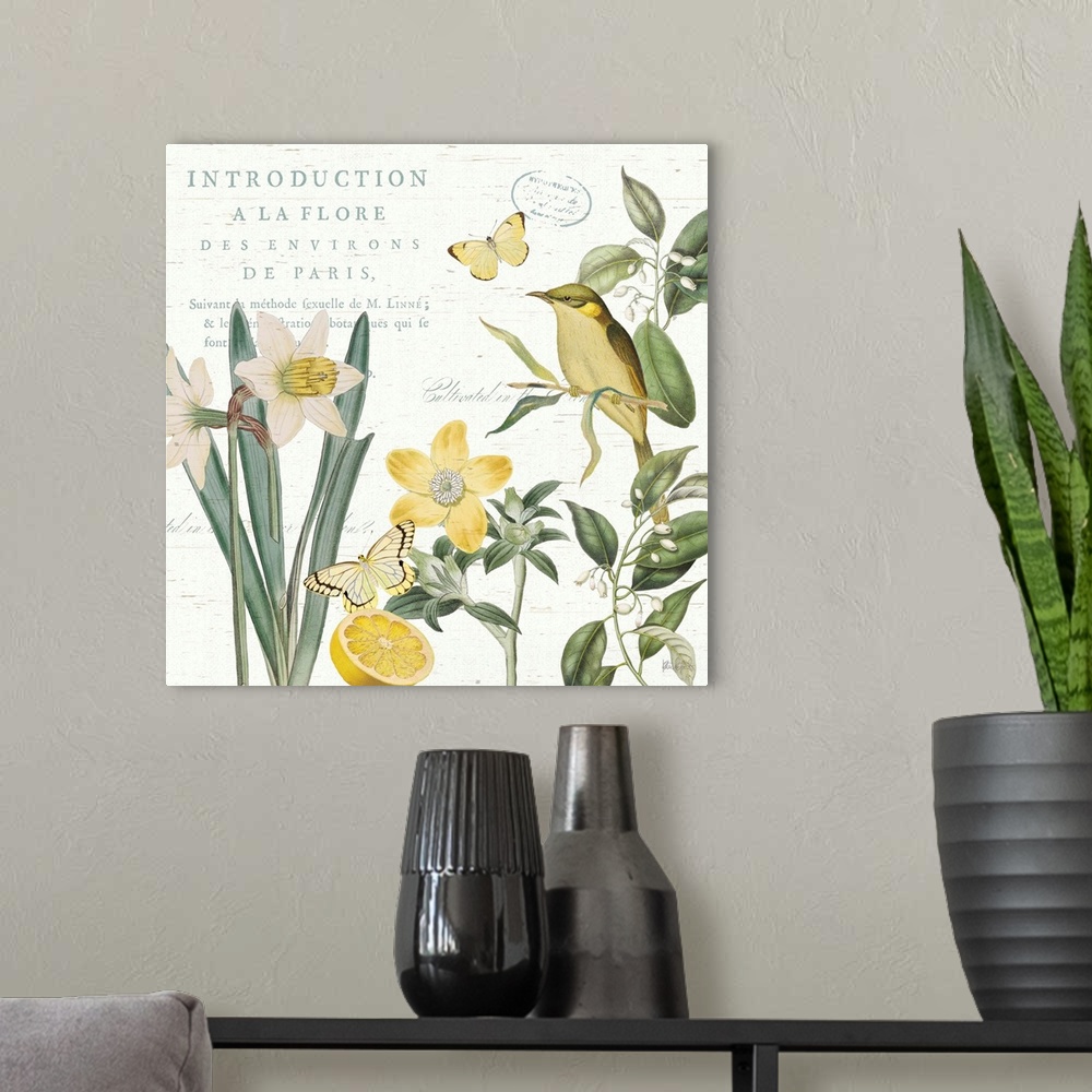 A modern room featuring Square decor in white, yellow, and green with illustrations of a bird, lemon, butterflies, and fl...