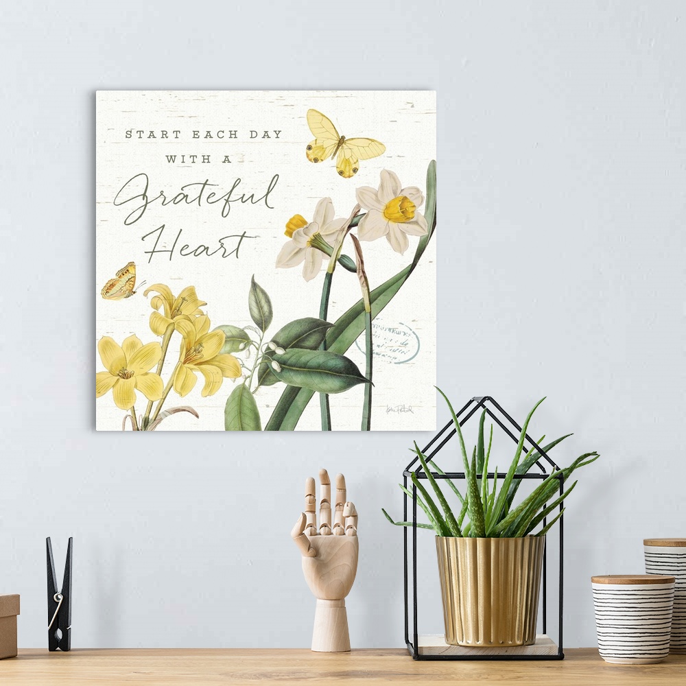 A bohemian room featuring Square decor in white, yellow, and green with illustrations of butterflies and flowers on a white...