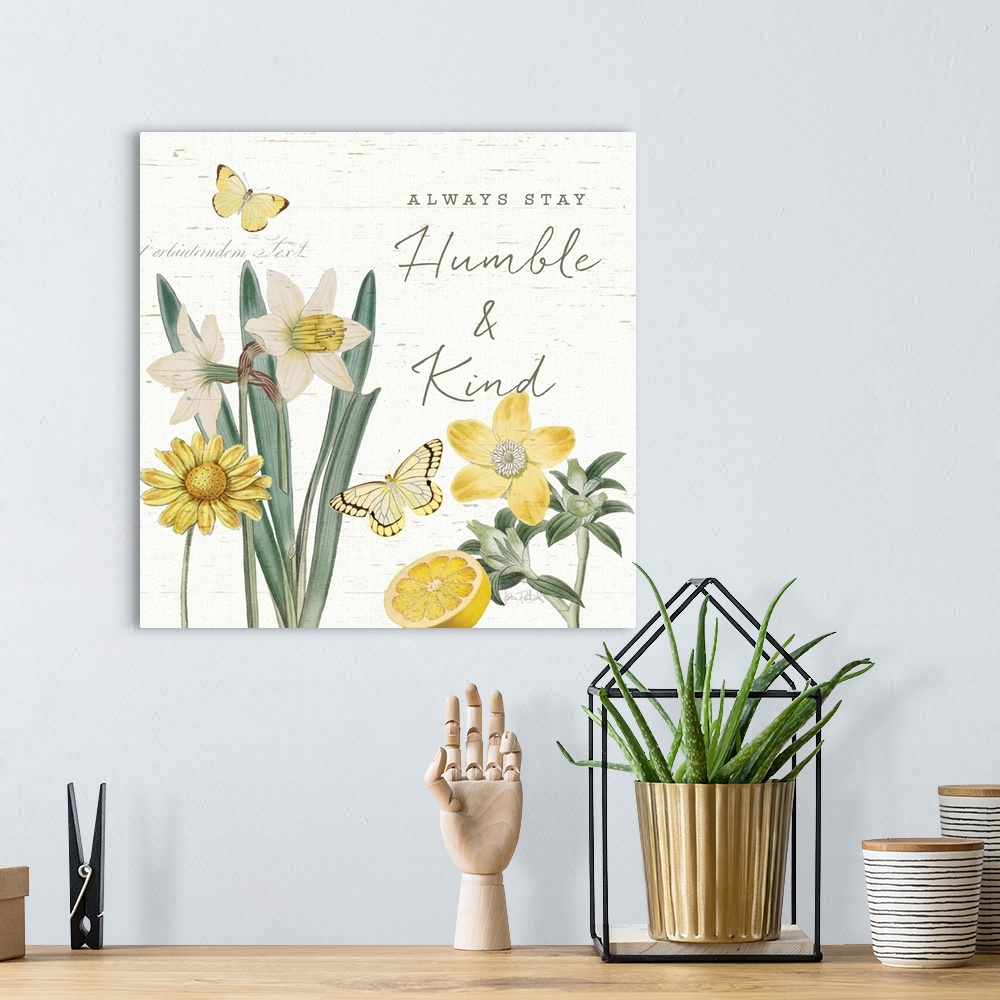 A bohemian room featuring Square decor in white, yellow, and green with illustrations of a lemon, butterflies, and flowers ...