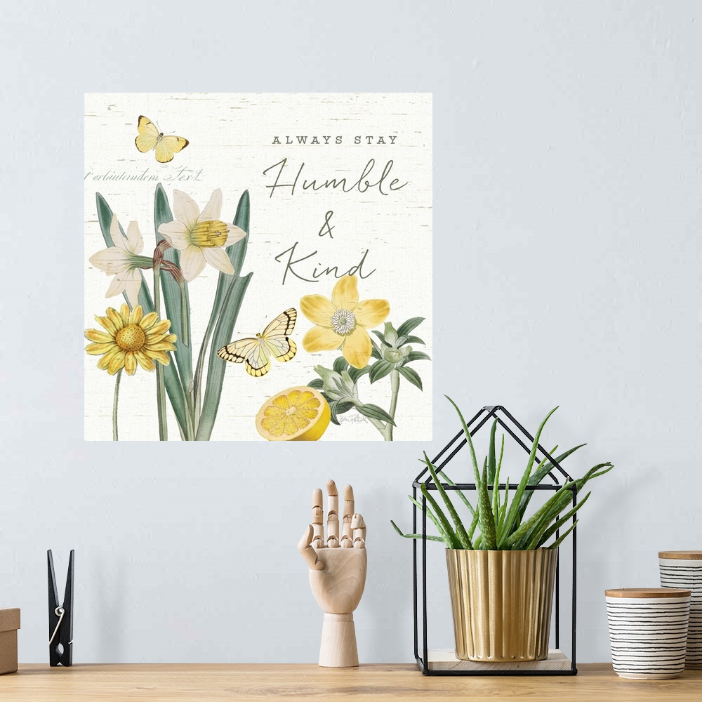 A bohemian room featuring Square decor in white, yellow, and green with illustrations of a lemon, butterflies, and flowers ...