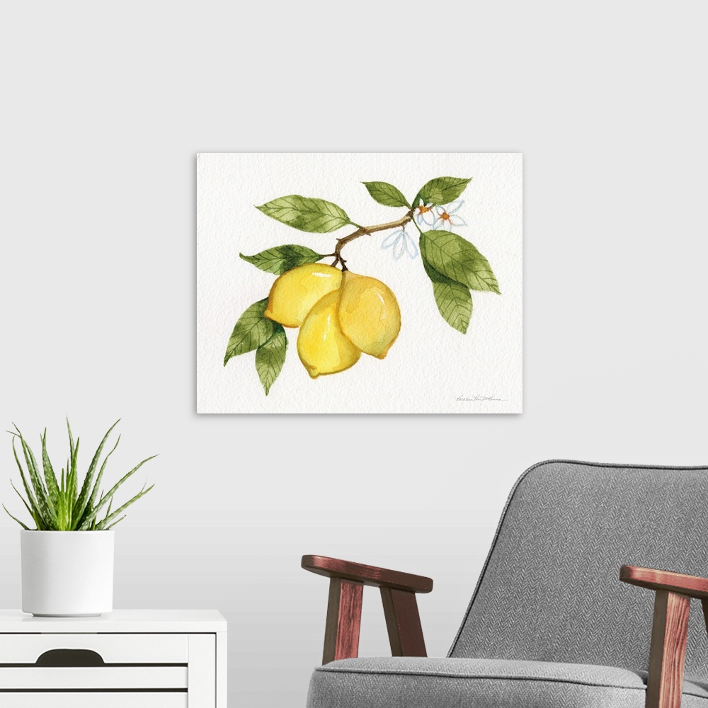 A modern room featuring Contemporary artwork of a branch of lemons on a neutral backdrop.