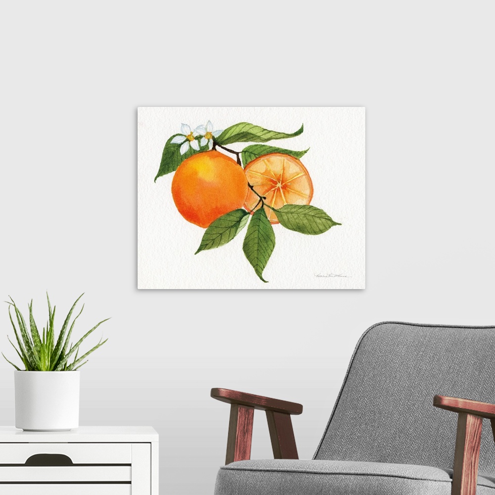 A modern room featuring Contemporary artwork of a branch of oranges on a neutral backdrop.