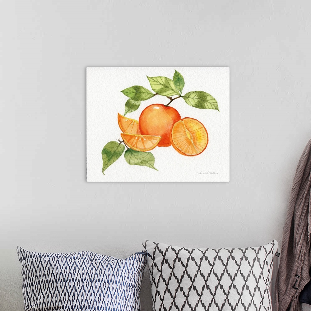 A bohemian room featuring Contemporary artwork of a branch of oranges on a neutral backdrop.