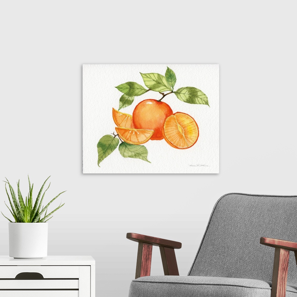 A modern room featuring Contemporary artwork of a branch of oranges on a neutral backdrop.