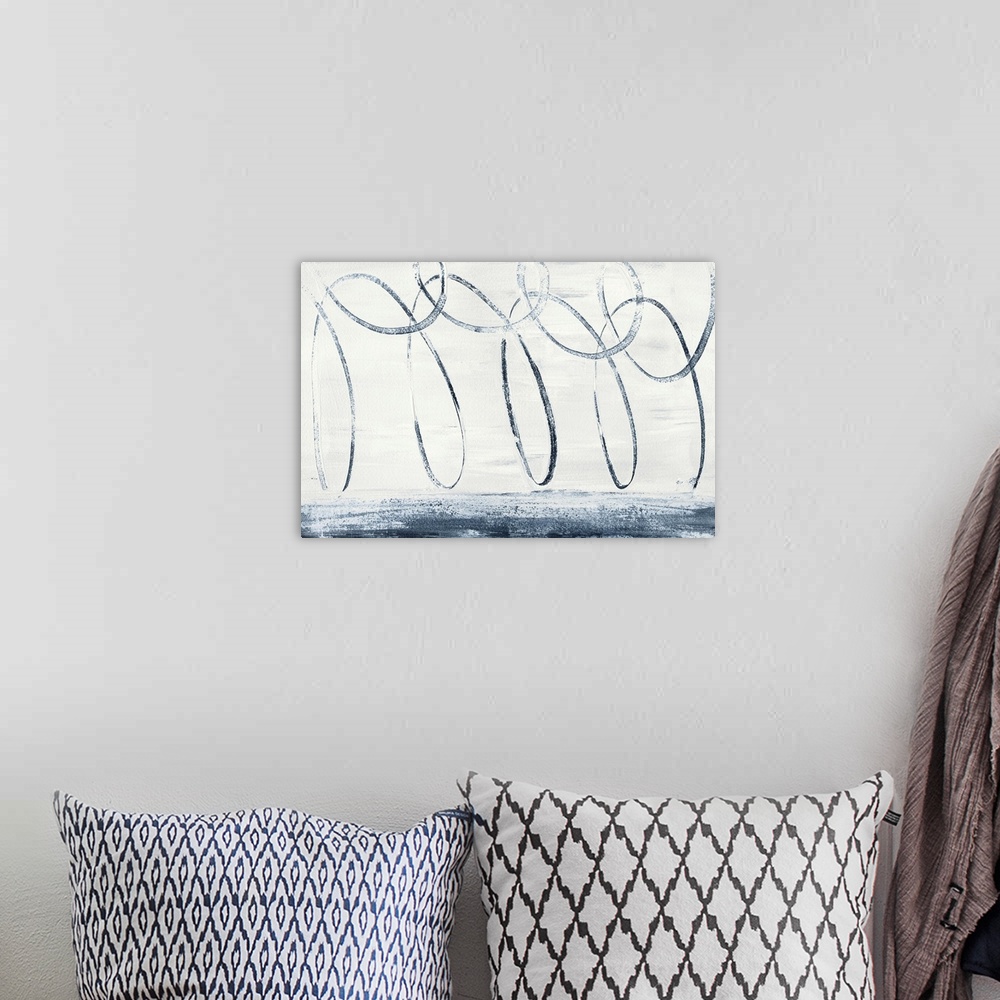 A bohemian room featuring Abstract painting that has a continuous indigo line making long, skinny loops on white.