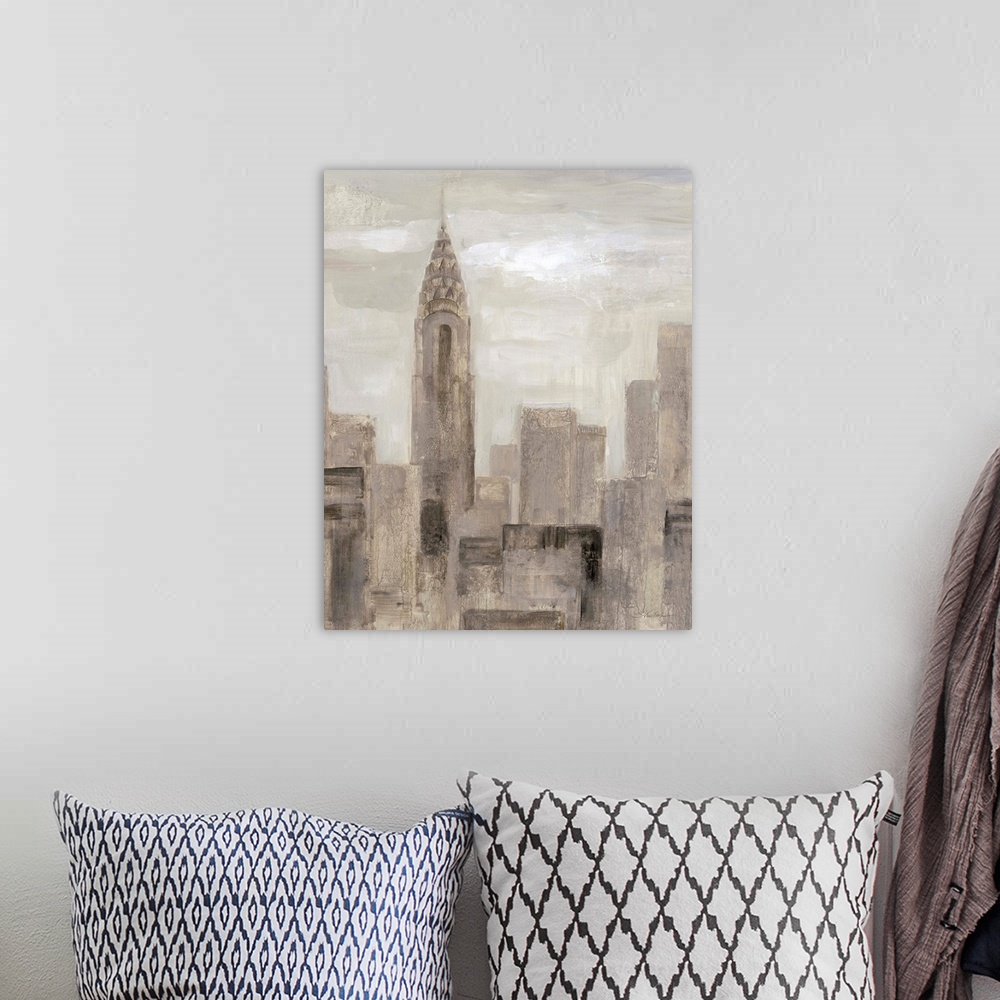 A bohemian room featuring Neutral toned abstract painting of the New York City skyline with the Chrysler Building.