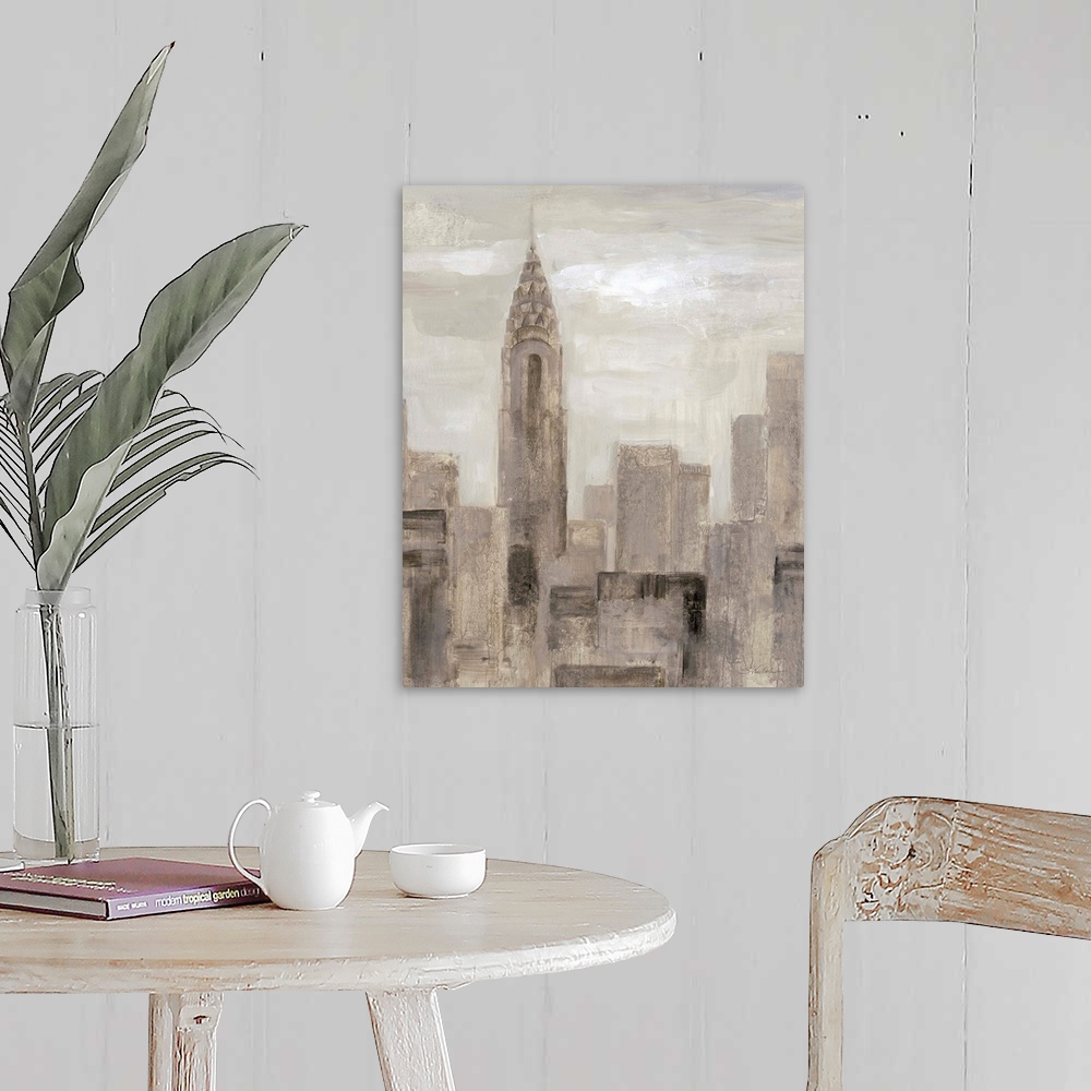 A farmhouse room featuring Neutral toned abstract painting of the New York City skyline with the Chrysler Building.