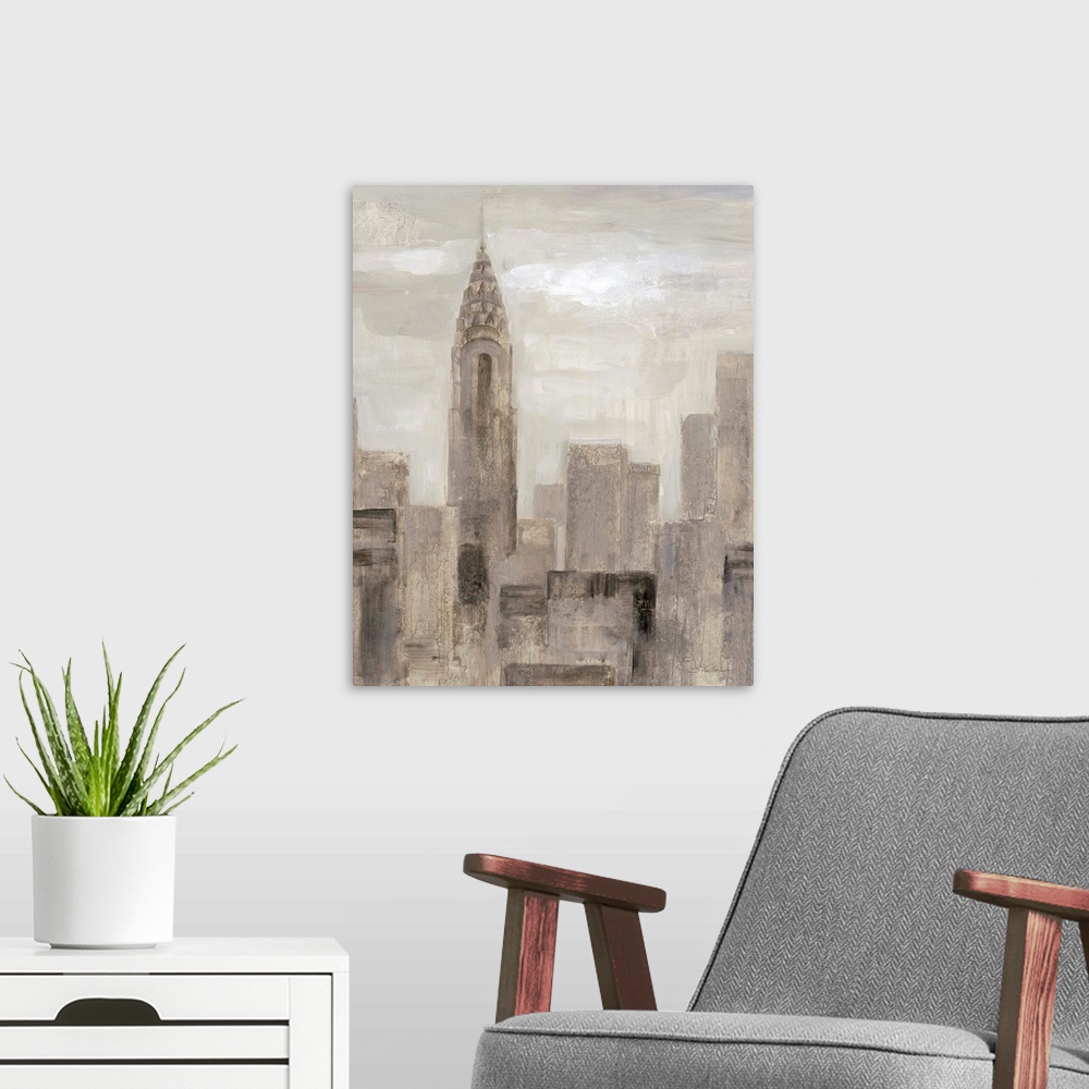 A modern room featuring Neutral toned abstract painting of the New York City skyline with the Chrysler Building.
