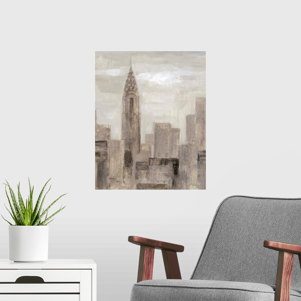 A modern room featuring Neutral toned abstract painting of the New York City skyline with the Chrysler Building.