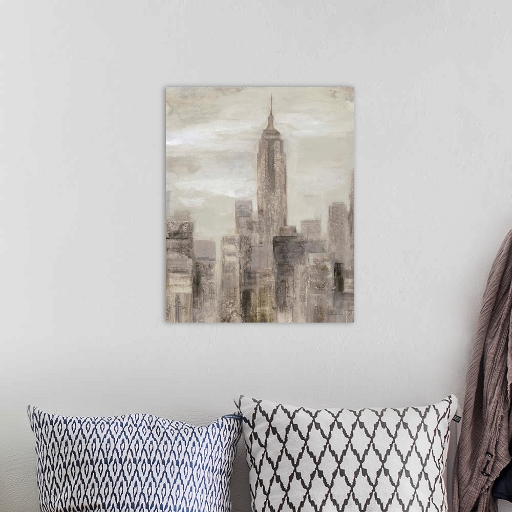 A bohemian room featuring Neutral toned abstract painting of the New York City skyline with the Empire State Building.