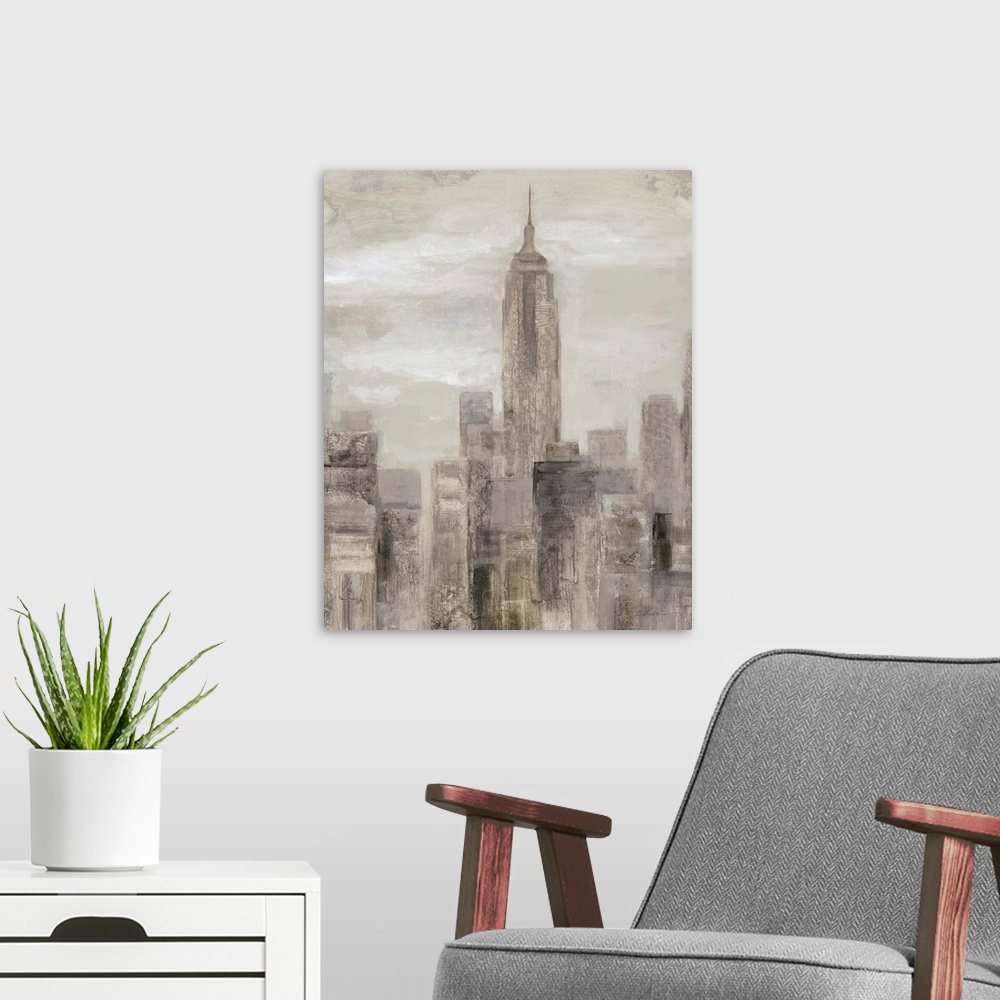 A modern room featuring Neutral toned abstract painting of the New York City skyline with the Empire State Building.