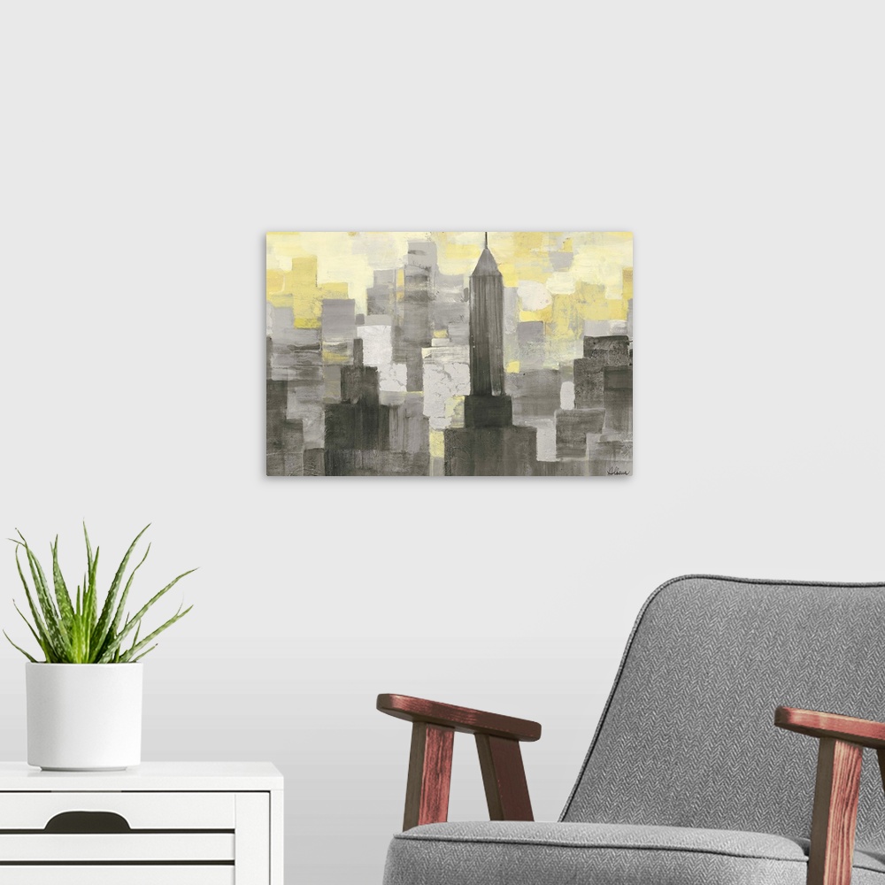 A modern room featuring Contemporary artwork of skyscrapers in a city in shades of grey and yellow.