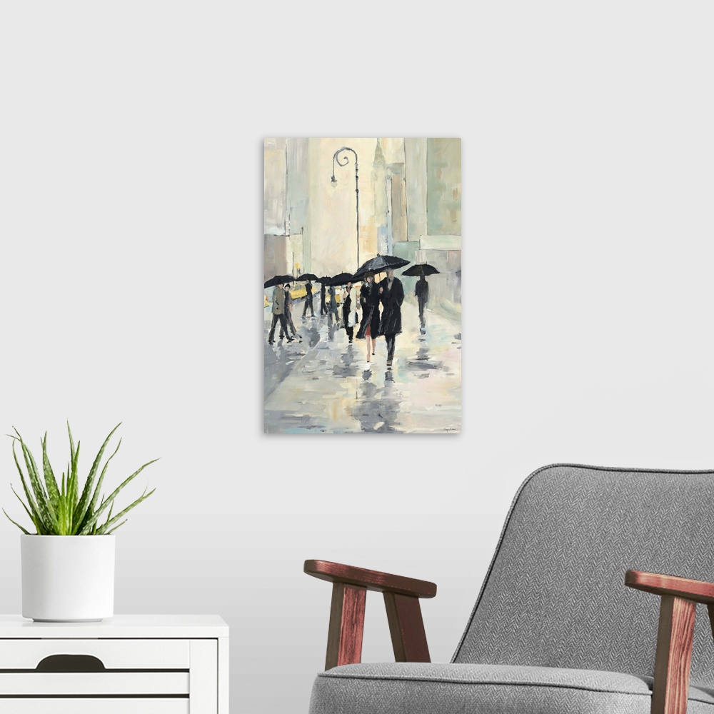 A modern room featuring Contemporary painting of people walking in the street downtown in the rain with umbrellas. Their ...