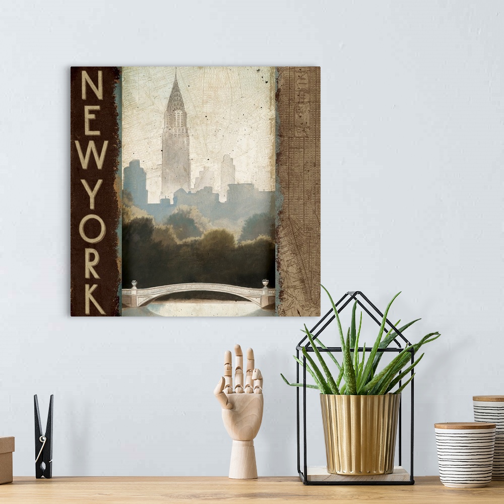 A bohemian room featuring City Skyline New York Vintage Square
