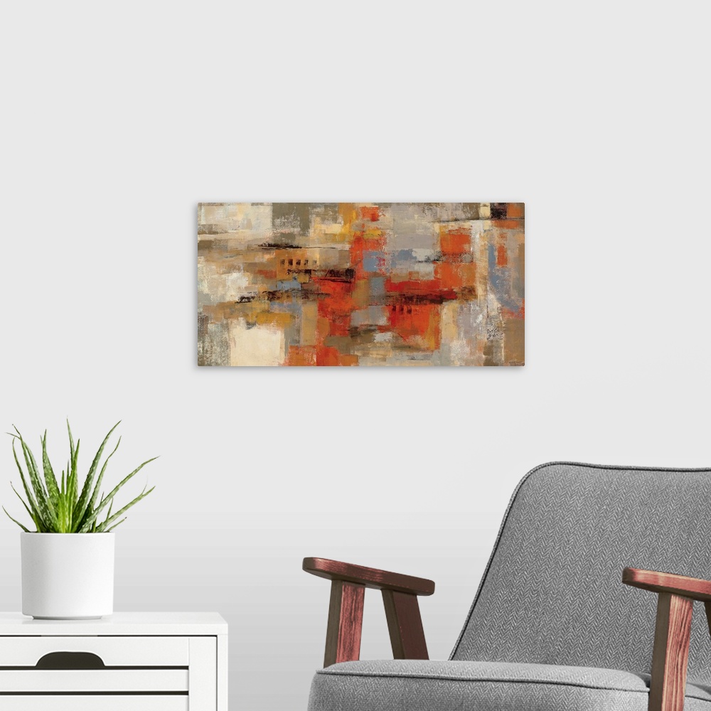 A modern room featuring Large abstract art composed of different square and rectangular sized patches of earth tones sitt...