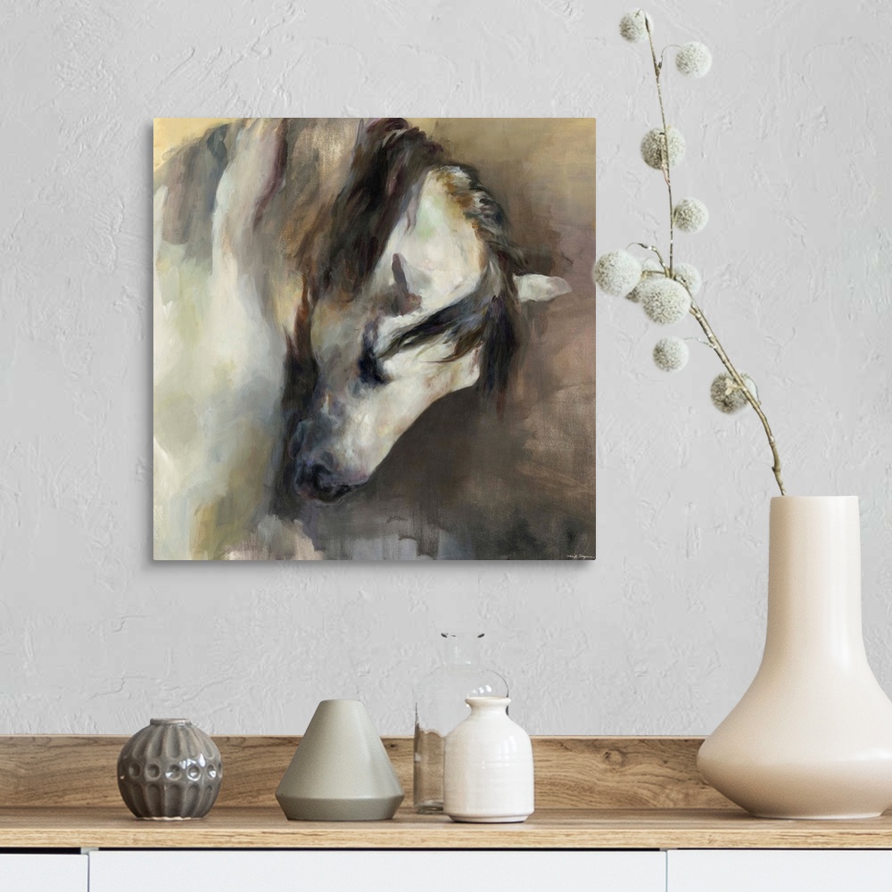 A farmhouse room featuring Square abstract painting of a horse in neutral colors.