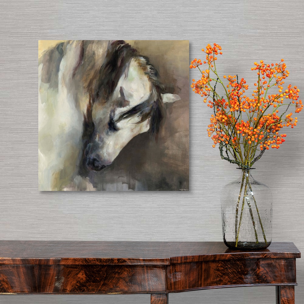 A traditional room featuring Square abstract painting of a horse in neutral colors.