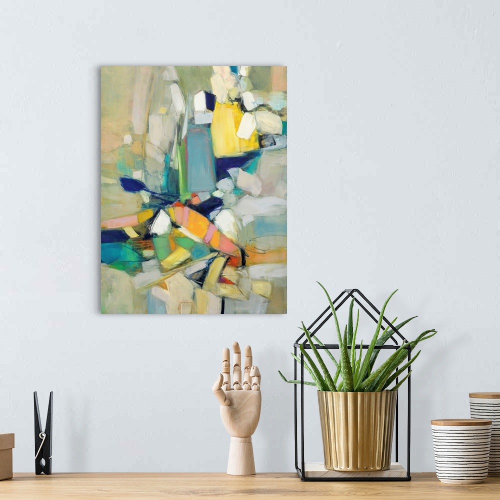 A bohemian room featuring A bright, cheerful contemporary abstract painting with organic blocks of color