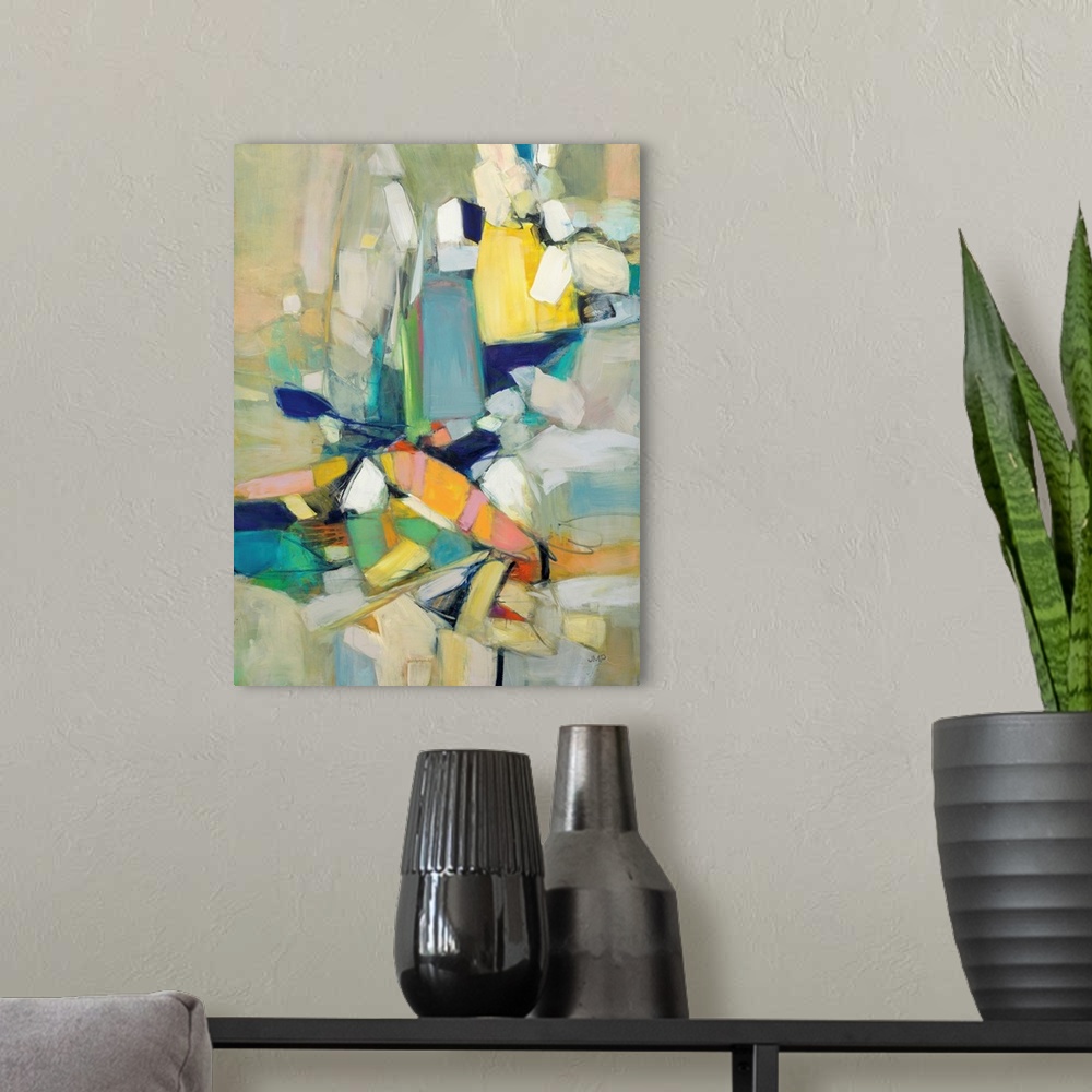 A modern room featuring A bright, cheerful contemporary abstract painting with organic blocks of color