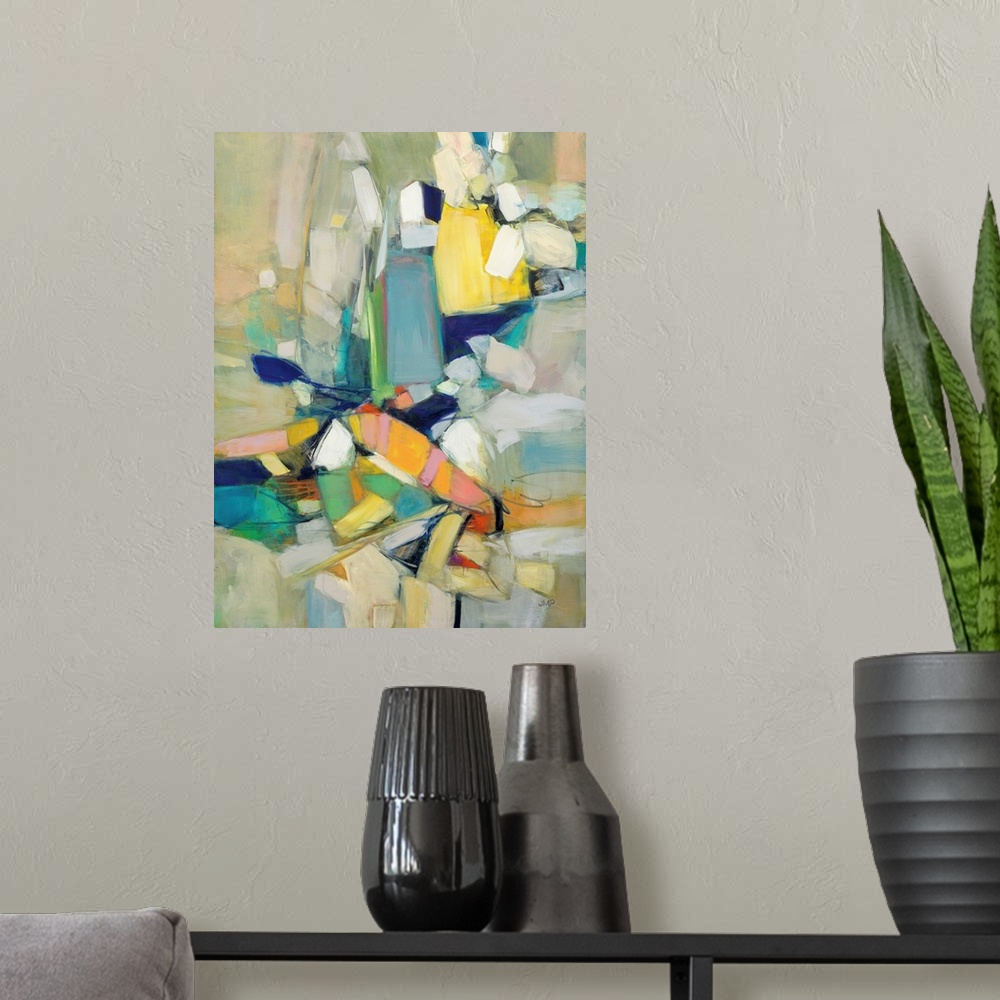 A modern room featuring A bright, cheerful contemporary abstract painting with organic blocks of color