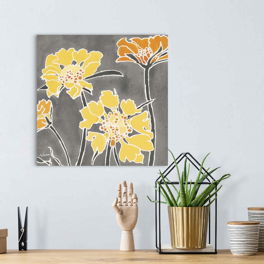 A bohemian room featuring Contemporary painting of bright orange and yellow flowers against a gray background.