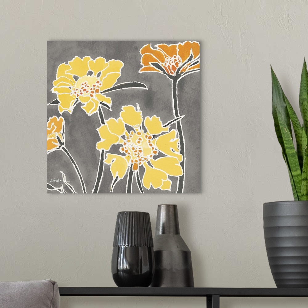 A modern room featuring Contemporary painting of bright orange and yellow flowers against a gray background.