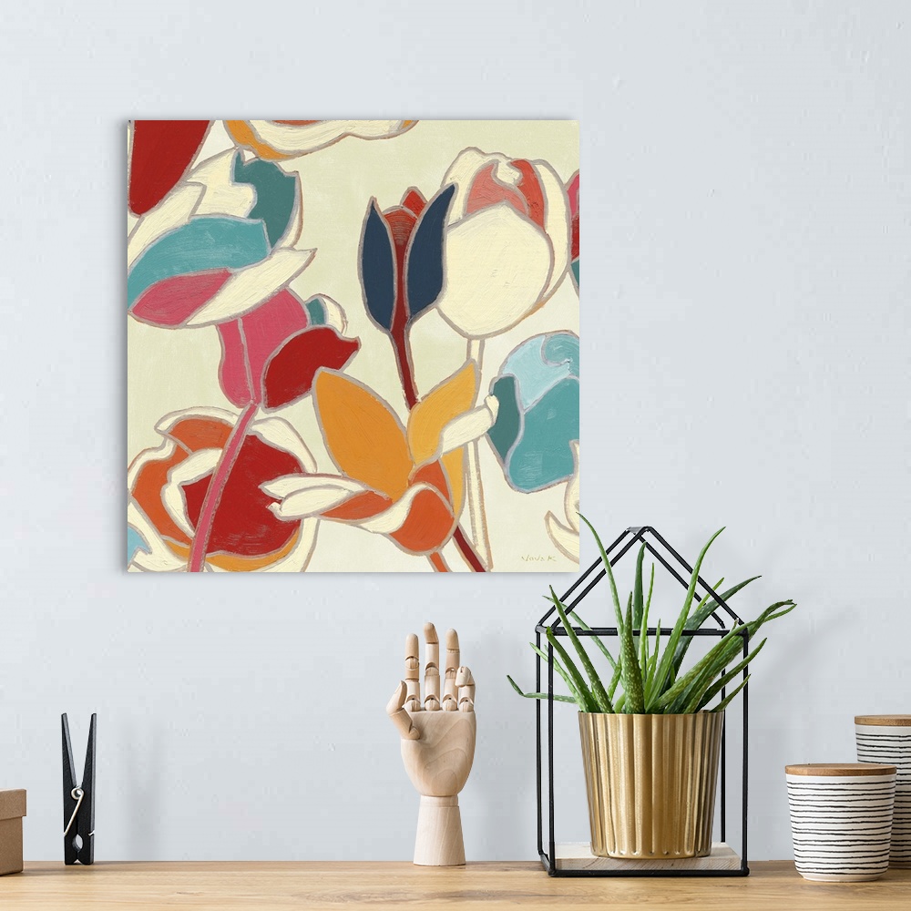 A bohemian room featuring Contemporary artwork of garden flowers in a retro colors and bold gilded outlines.