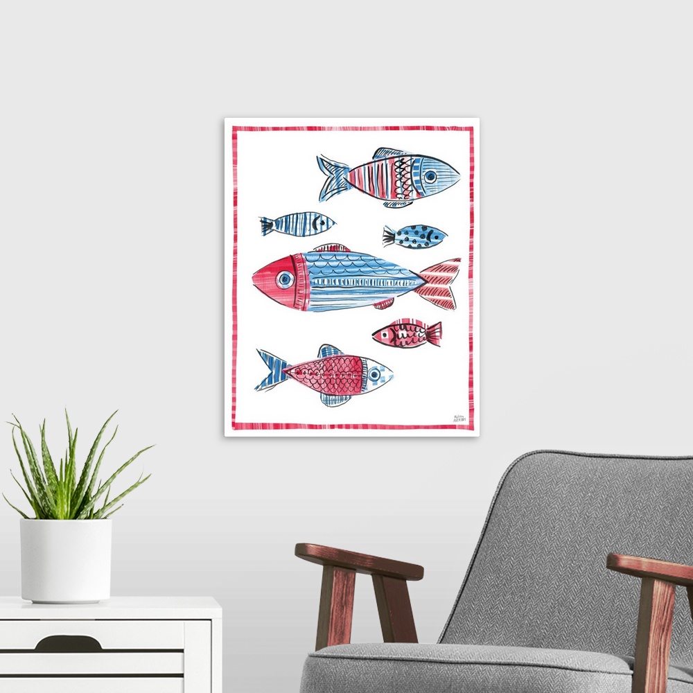 A modern room featuring A decorative design of fish in red and blue on a white background with a red border.