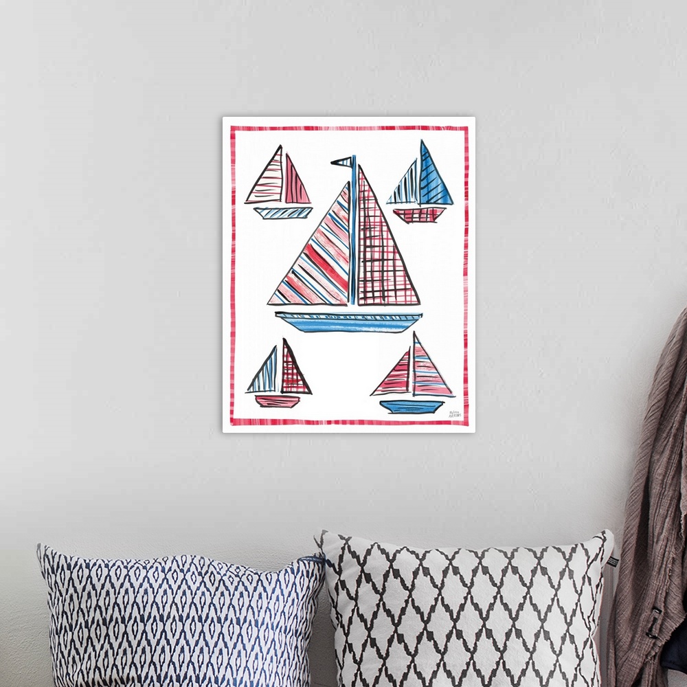 A bohemian room featuring A decorative design of sailboats in red and blue on a white background with a red border.