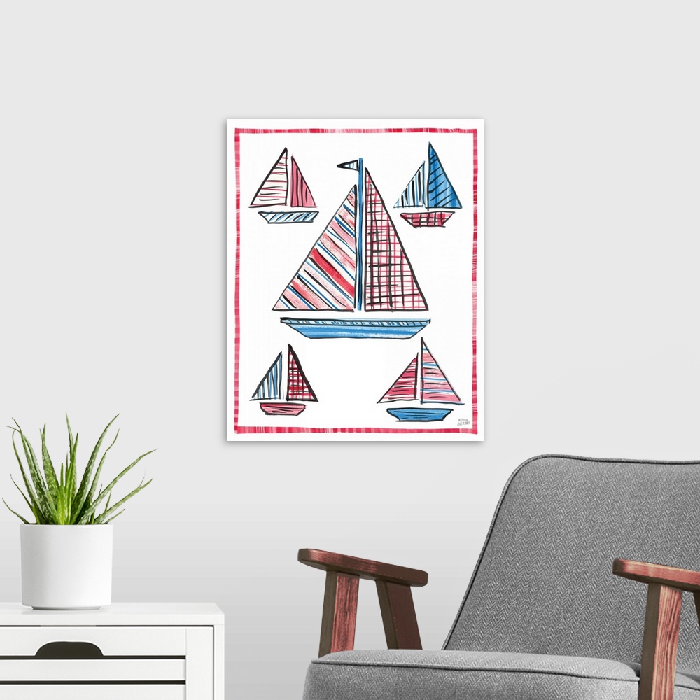 A modern room featuring A decorative design of sailboats in red and blue on a white background with a red border.