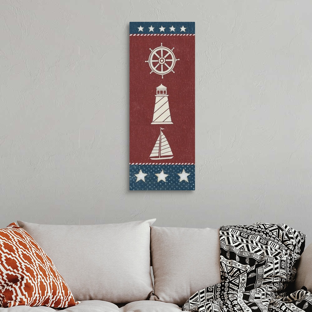 A bohemian room featuring Tall vertical red, white, and blue American nautical themed painting.