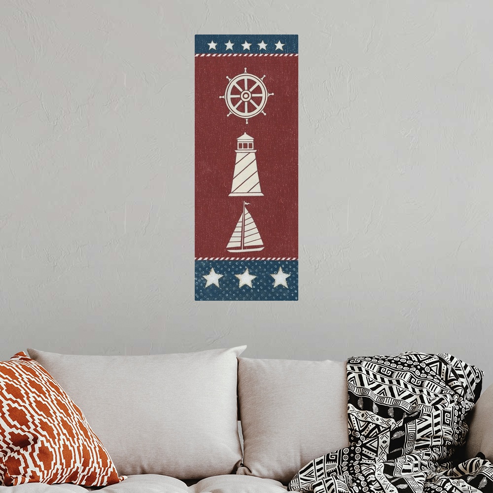A bohemian room featuring Tall vertical red, white, and blue American nautical themed painting.