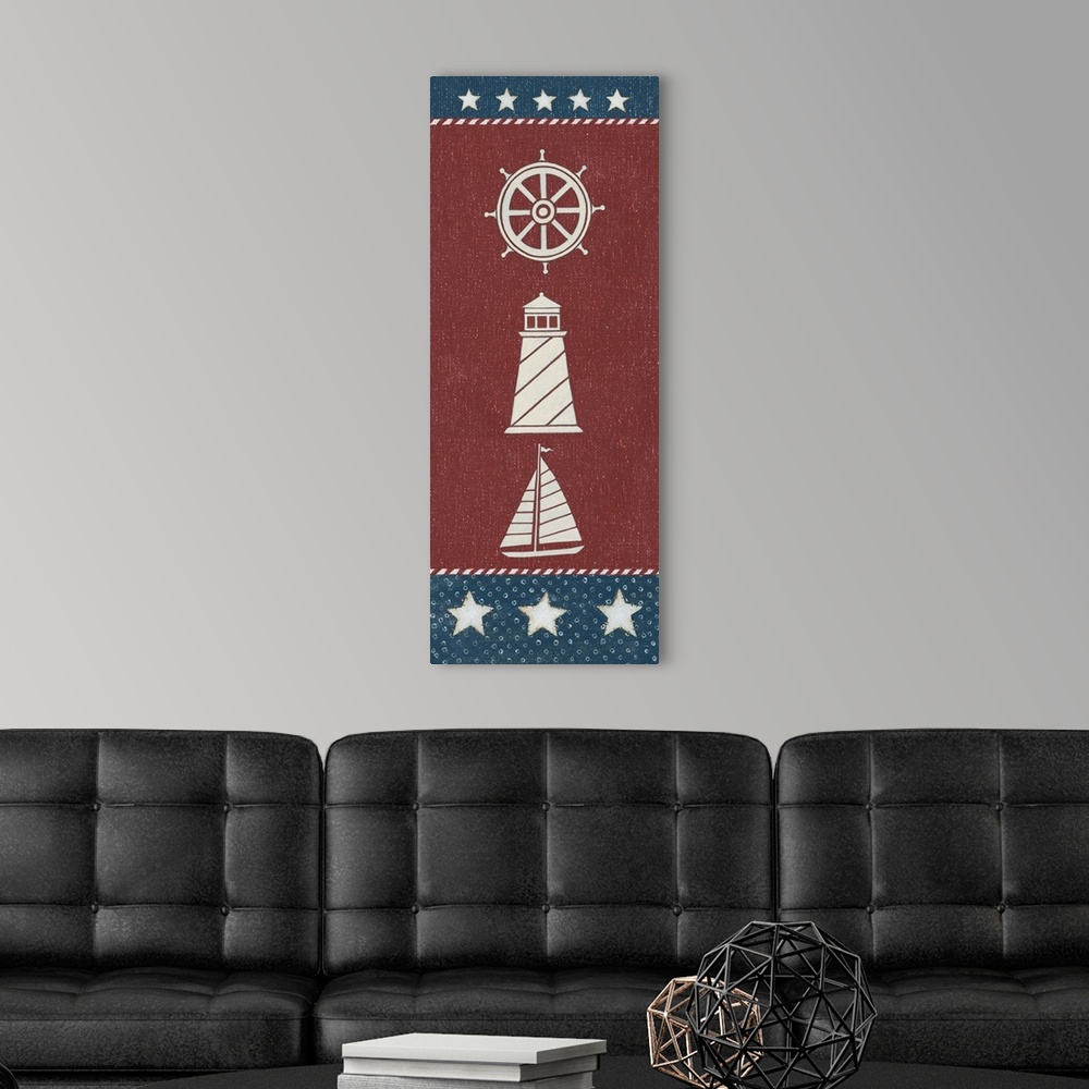 A modern room featuring Tall vertical red, white, and blue American nautical themed painting.