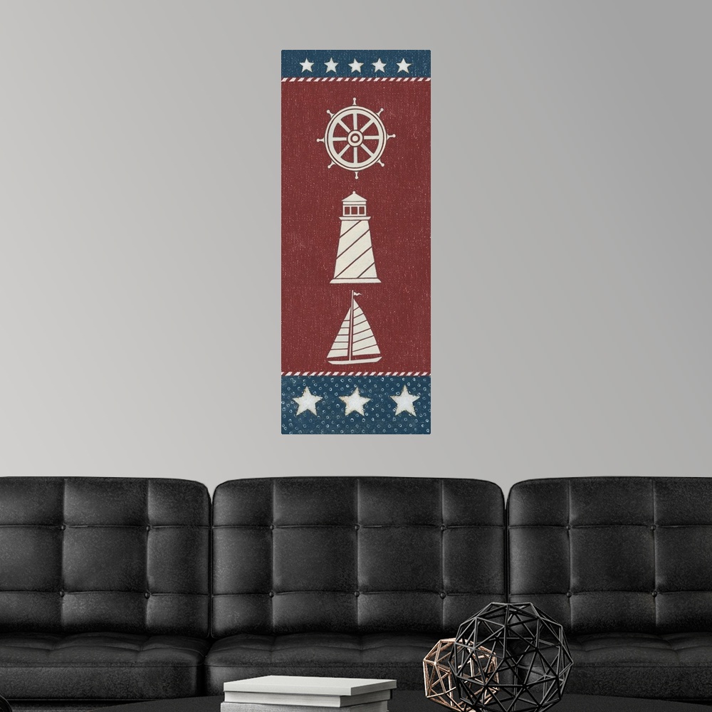 A modern room featuring Tall vertical red, white, and blue American nautical themed painting.