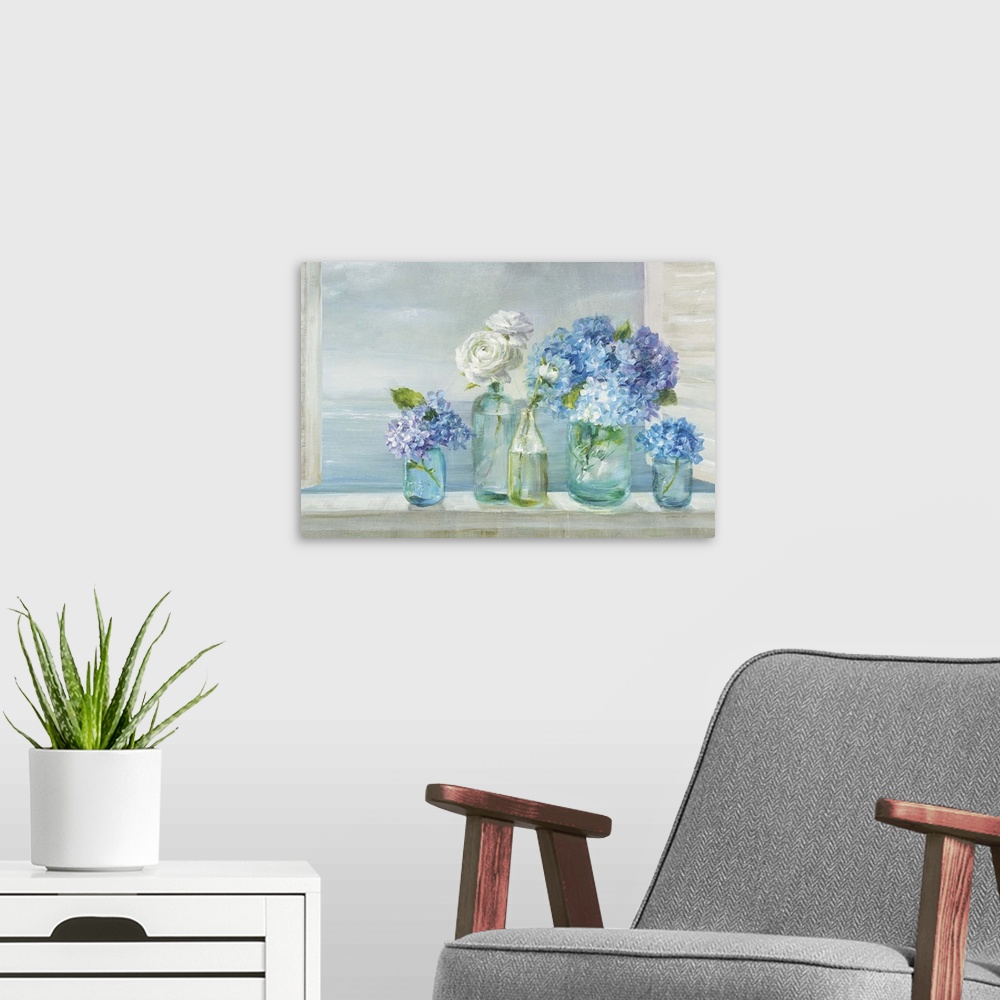 A modern room featuring Contemporary still-life painting of a blue and white flowers in glass bottles and jars.