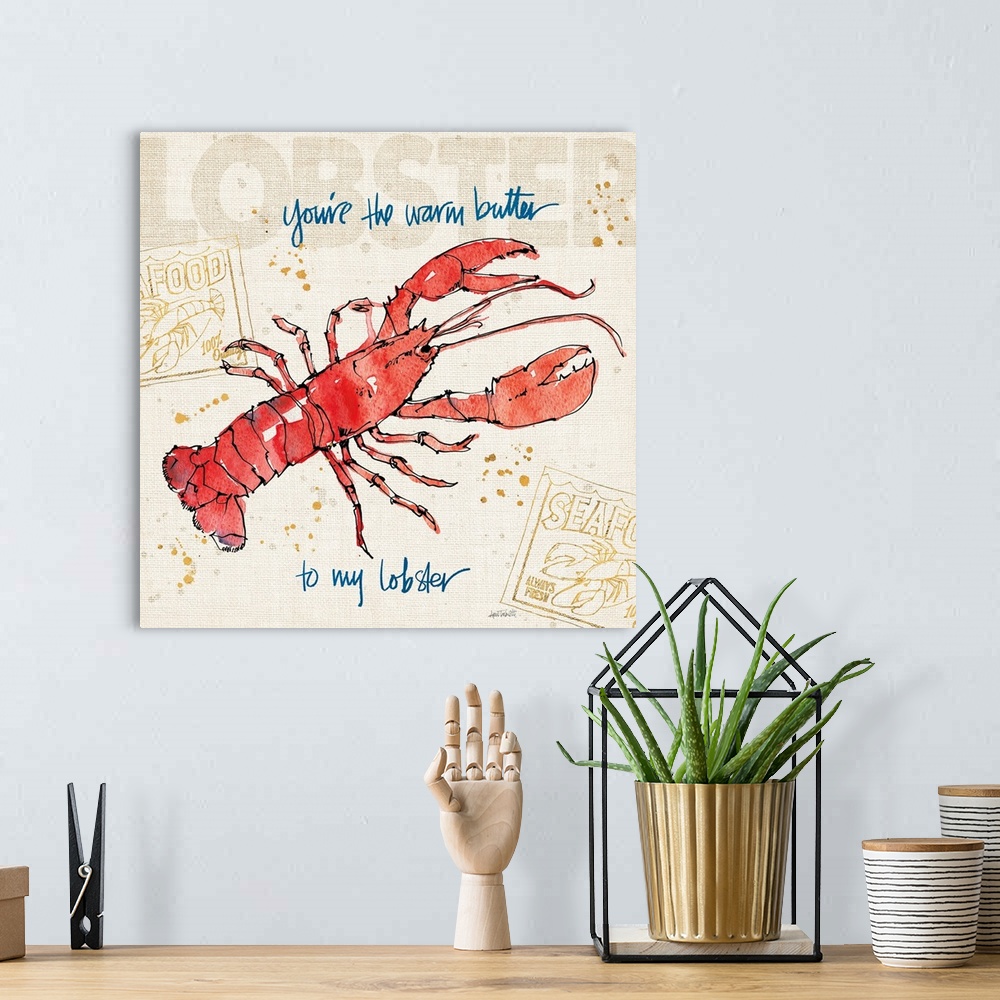 A bohemian room featuring "You're the Warm Butter to My Lobster" written in blue with a watercolor painting of a lobster on...