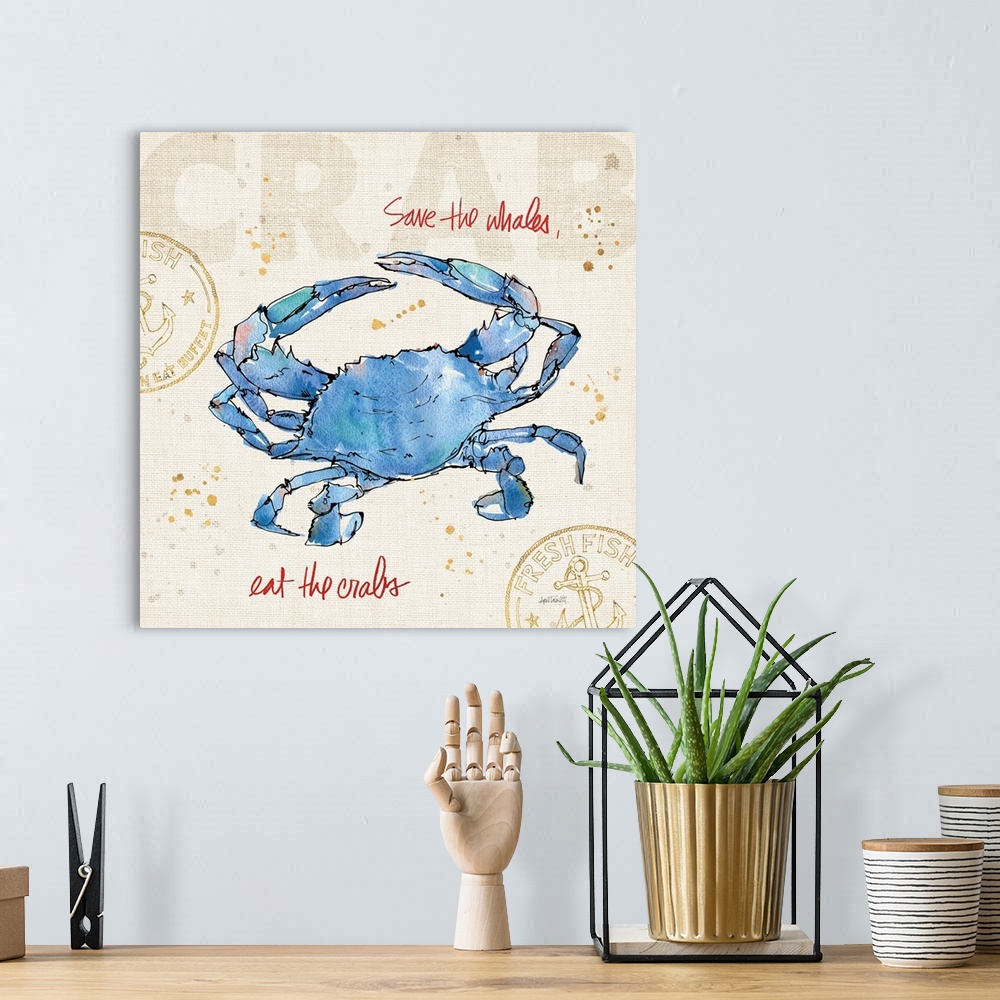 A bohemian room featuring "Save the Whales, Eat the Crabs" written in red with a watercolor painting of a blue crab on a bu...