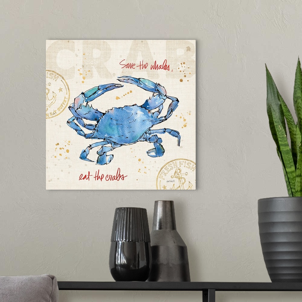 A modern room featuring "Save the Whales, Eat the Crabs" written in red with a watercolor painting of a blue crab on a bu...