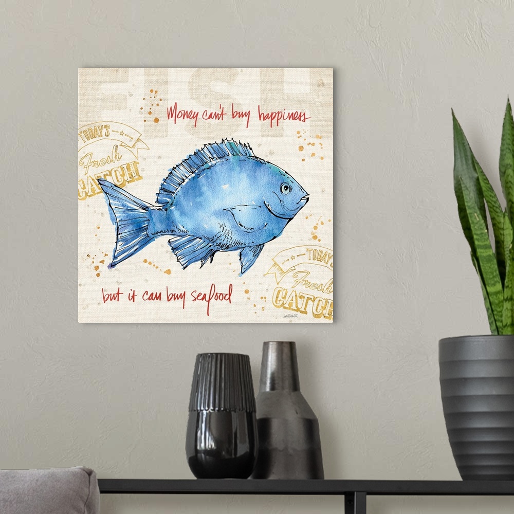 A modern room featuring "Money Cant Buy Happiness But it Can Buy Seafood" written in red with a watercolor painting of a ...