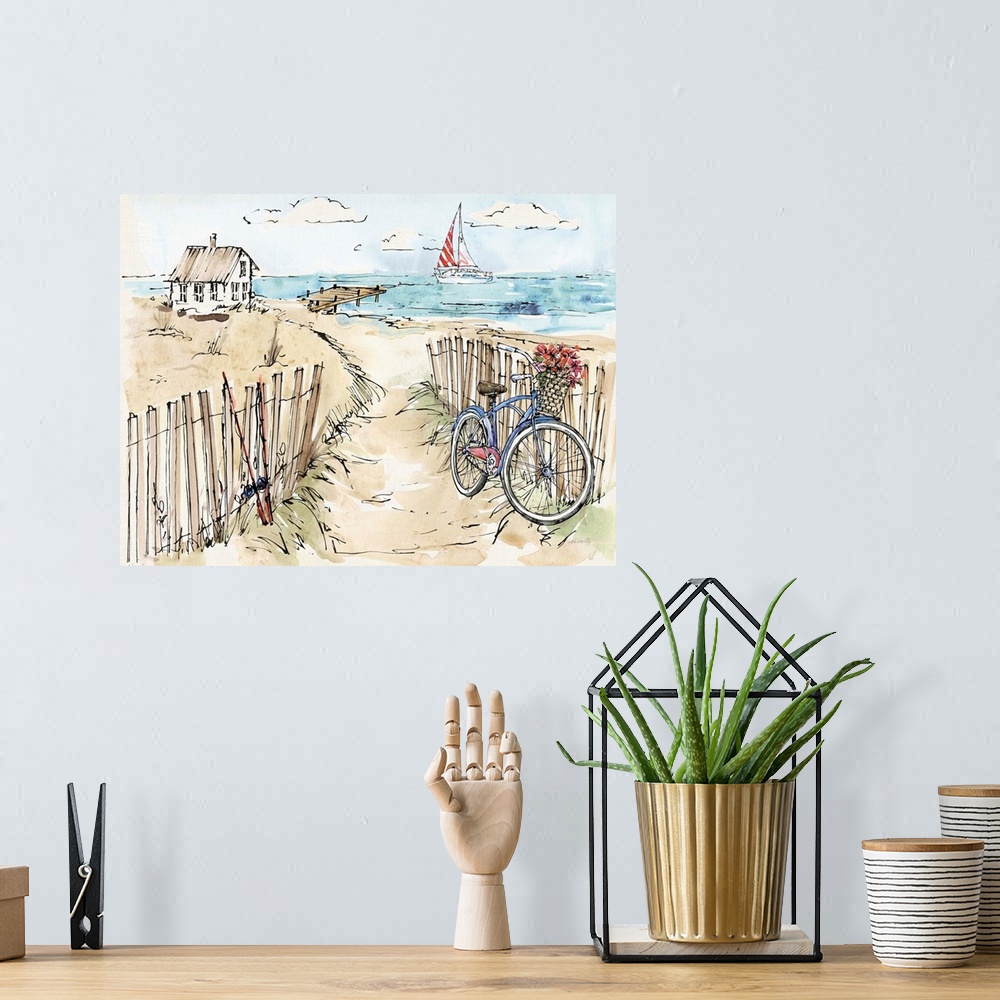 A bohemian room featuring Watercolor painting of a beach scene with a blue bicycle and fishing poles in the foreground and ...