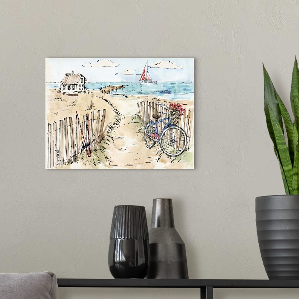 A modern room featuring Watercolor painting of a beach scene with a blue bicycle and fishing poles in the foreground and ...