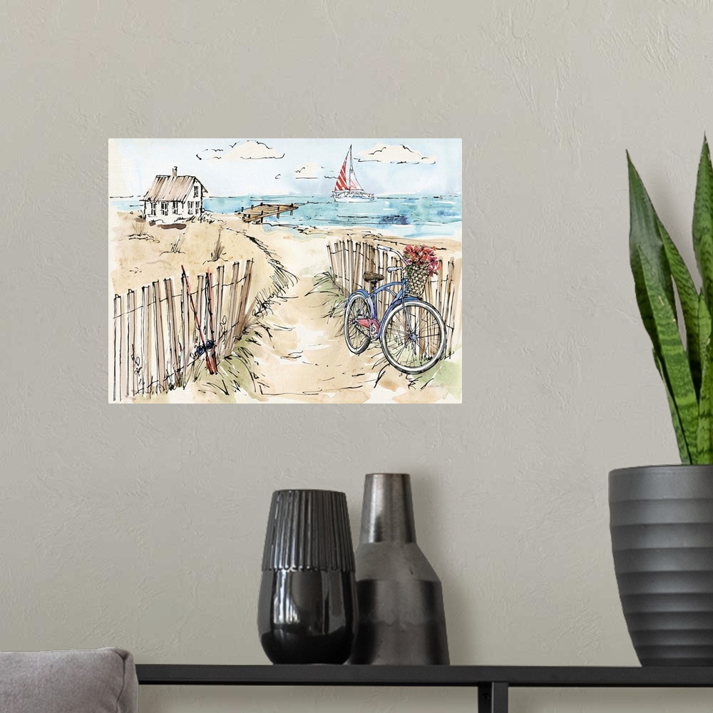 A modern room featuring Watercolor painting of a beach scene with a blue bicycle and fishing poles in the foreground and ...